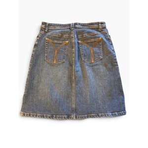 Women Medium Wash Denim Midi Skirt Stitch Pocket Y Detail Size 12